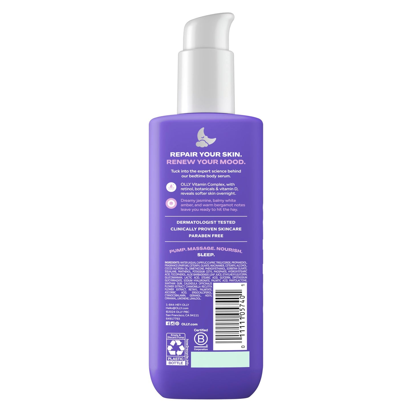 OLLY Renew Body Lotion-Serum with Vitamin D, Retinol & Botanicals – Nourishing Cleanser for Skin Barrier Repair, Deep Hydration, Jasmine Bergamot Scent, 8oz