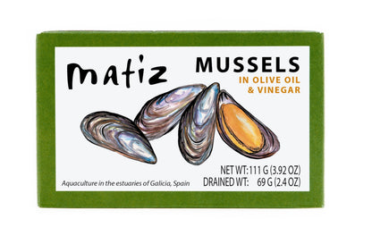 Matiz España Mussels in Extra Virgin Olive Oil & Apple Cider Vinegar | 3.92 oz. - 12 Pack | Handcrafted in Galicia, Spain | Sustainably Cultivated Mussels with Spices |
