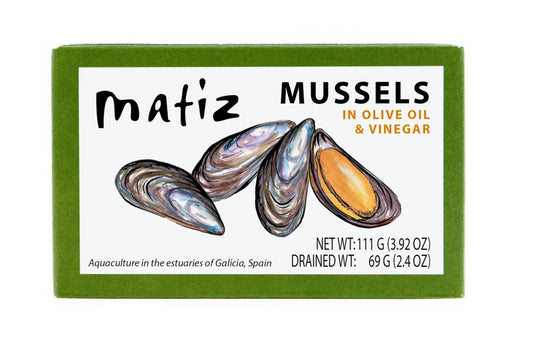 Matiz España Mussels in Extra Virgin Olive Oil & Apple Cider Vinegar | 3.92 oz. - 12 Pack | Handcrafted in Galicia, Spain | Sustainably Cultivated Mussels with Spices |