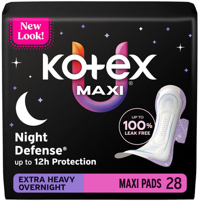 Kotex Overnight Maxi Pads with Wings, Extra Heavy Absorbency, 28 Count (Packaging May Vary)
