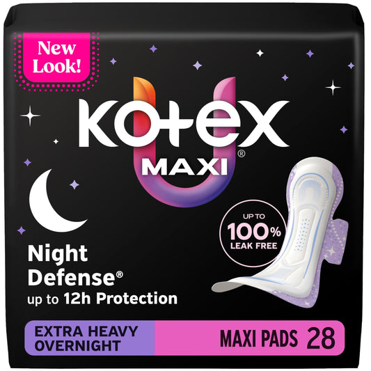 Kotex Overnight Maxi Pads with Wings, Extra Heavy Absorbency, 28 Count (Packaging May Vary)