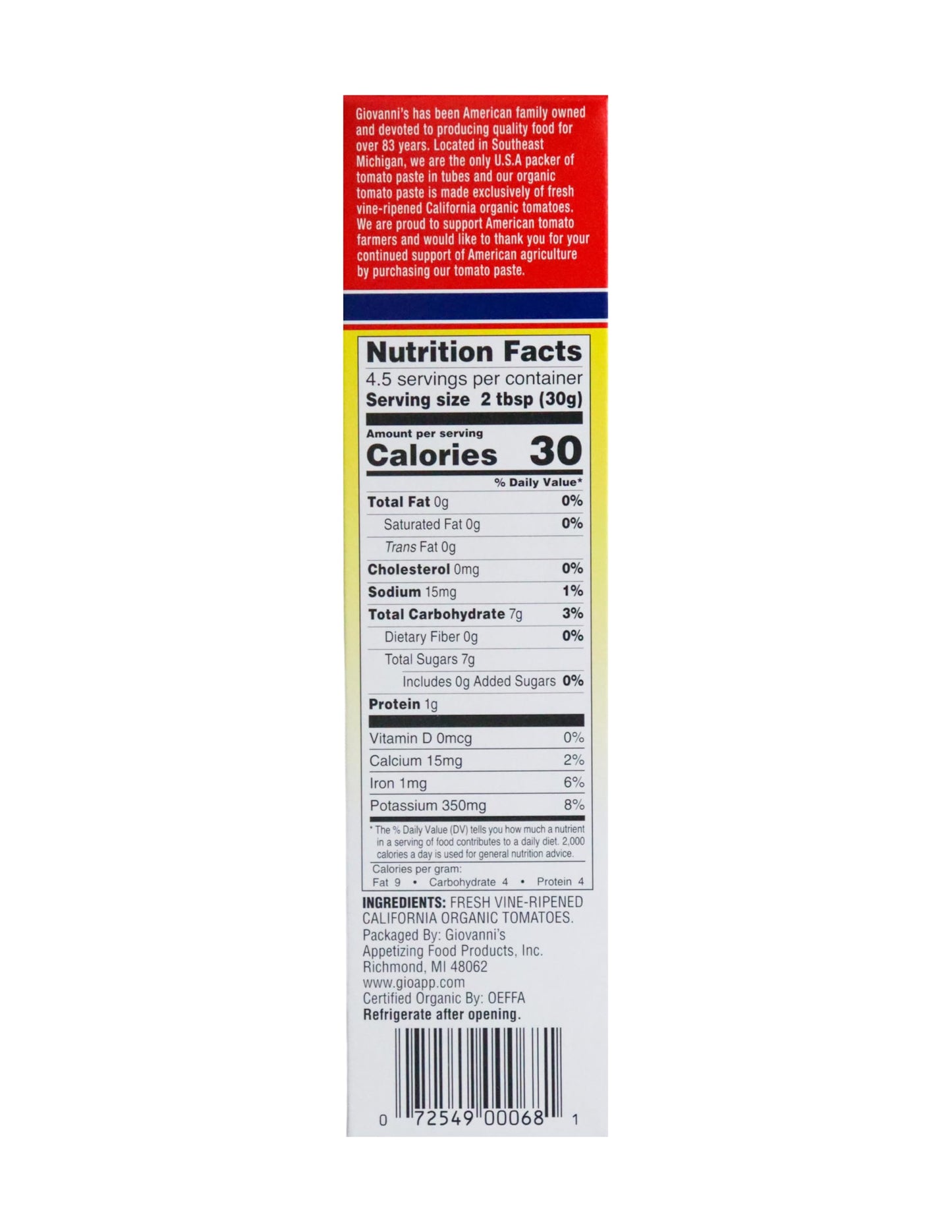 Giovanni’s Organic Double Concentrated Tomato Paste – 2 Pack (4.5 oz Tubes) | Made in the USA with Vine-Ripened California Tomatoes, Non-GMO, No Additives, Rich Flavor
