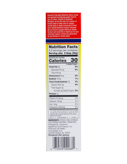 Giovanni’s Organic Double Concentrated Tomato Paste – 2 Pack (4.5 oz Tubes) | Made in the USA with Vine-Ripened California Tomatoes, Non-GMO, No Additives, Rich Flavor