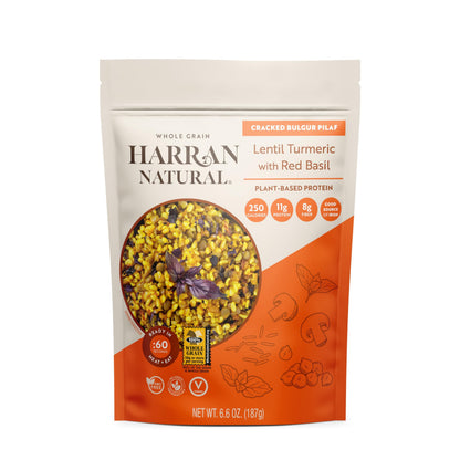 Harran Natural Whole Grain Bulgur Pilaf, Lentil Turmeric with Red Basil, Ready to Eat Healthy Superfood Meal, Non-GMO, No Preservatives, Vegan, Plant-Based Protein, 6.6 oz (Pack of 8)