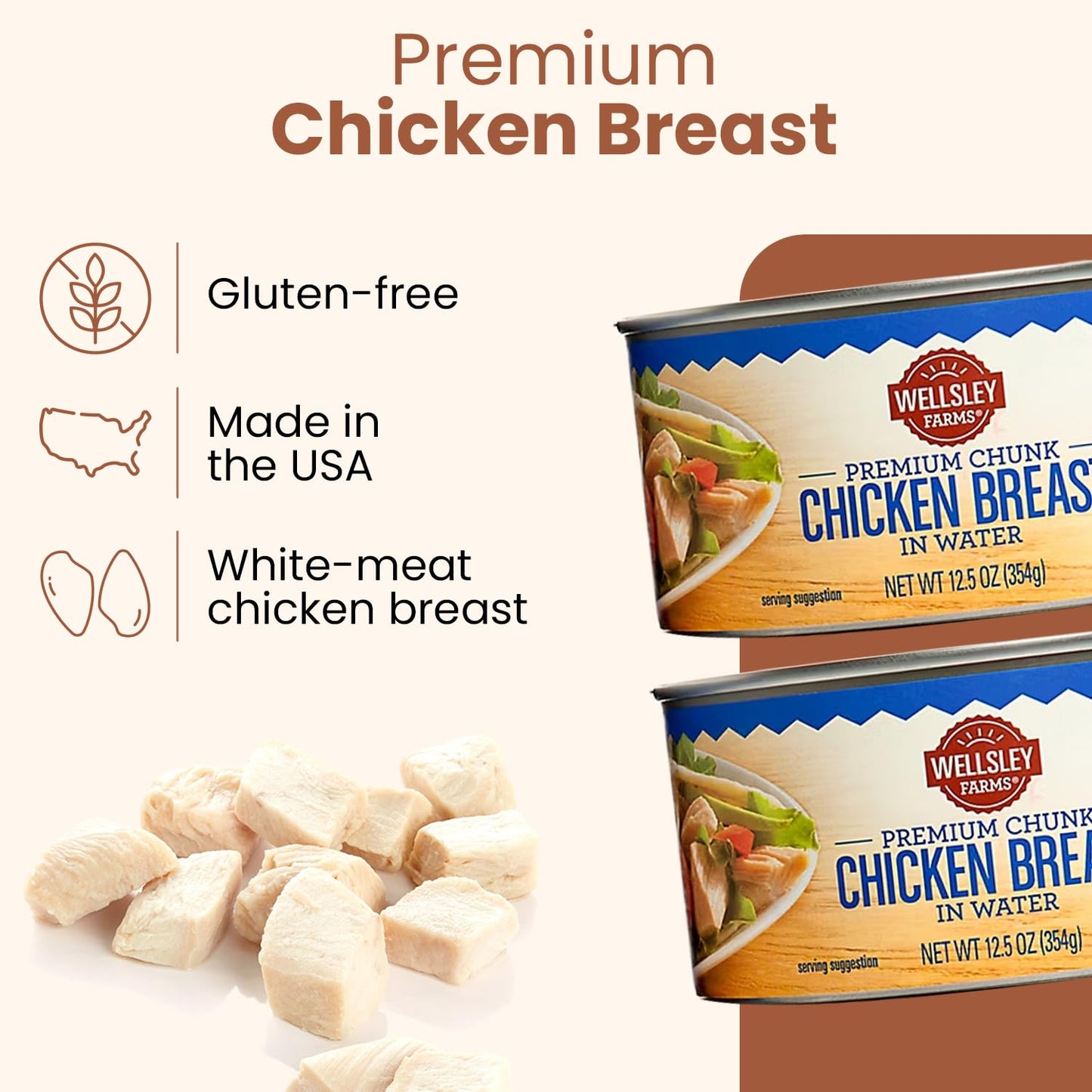 Wellsley Farms Premium Chunk Chicken Breast in Water, Fully Cooked Boneless Skinless, For Prepared Meals, Salads, Sandwiches & More, Canned, 12.5 oz Cans, 6-Pack