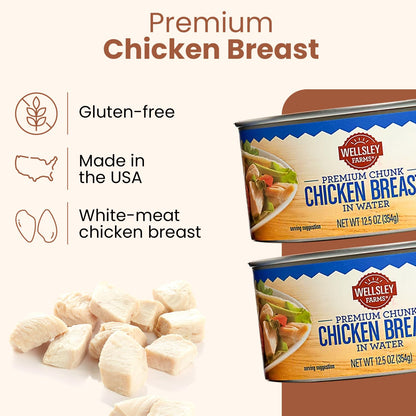 Wellsley Farms Premium Chunk Chicken Breast in Water, Fully Cooked Boneless Skinless, For Prepared Meals, Salads, Sandwiches & More, Canned, 12.5 oz Cans, 6-Pack