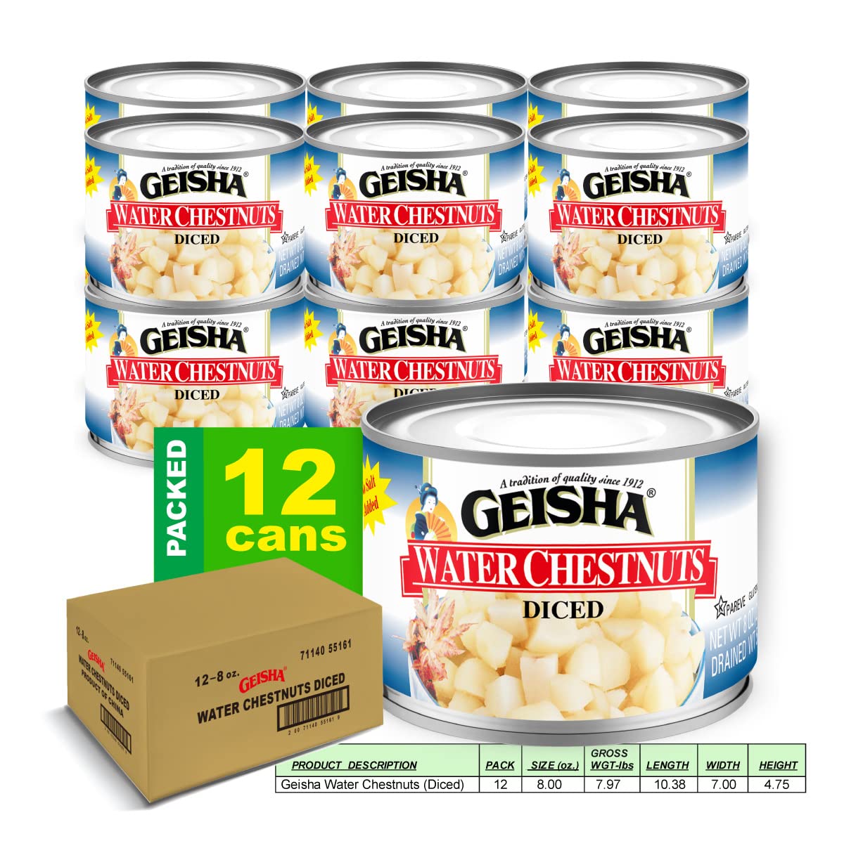 GEISHA Water Chestnuts Diced 8OZ. (Pack of 12), Water Chestnuts | Kosher Certified － No Salt & Sugar added － Gluten Free－Less than 100 Calories per Container
