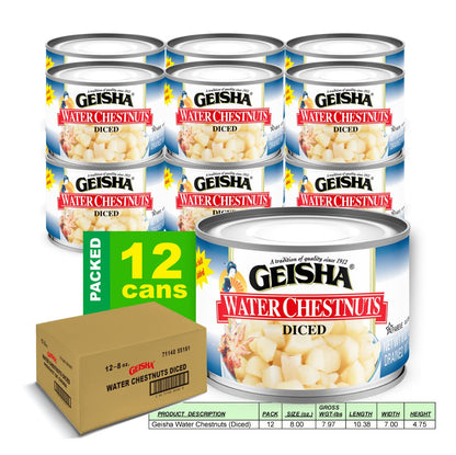 GEISHA Water Chestnuts Diced 8OZ. (Pack of 12), Water Chestnuts | Kosher Certified － No Salt & Sugar added － Gluten Free－Less than 100 Calories per Container