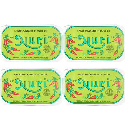 Nuri Mackerel Spiced in Olive Oil | 8 Pack | Product of Portugal | Premium Wild Caught, Hand Selected and Packaged | 100% Natural | Gourmet fish in 4.4 oz can (125 Gram)