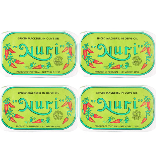 Nuri Mackerel Spiced in Olive Oil | 8 Pack | Product of Portugal | Premium Wild Caught, Hand Selected and Packaged | 100% Natural | Gourmet fish in 4.4 oz can (125 Gram)
