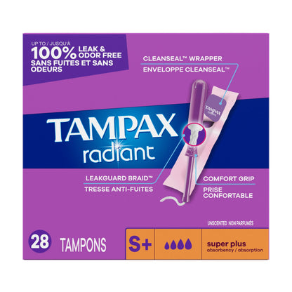 Tampax Radiant Tampons, with LeakGuard Braid, Super Plus Absorbency, Unscented, 28 Count