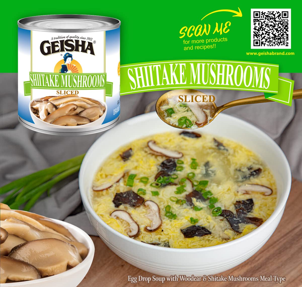 GEISHA Shiitake Mushrooms Sliced 4OZ. (Pack of 12), Shiitake | Halal Certified － NON-GMO － Gluten Free－Good Source of Fiber－Rich in Iron－Only 30 Calories per Container