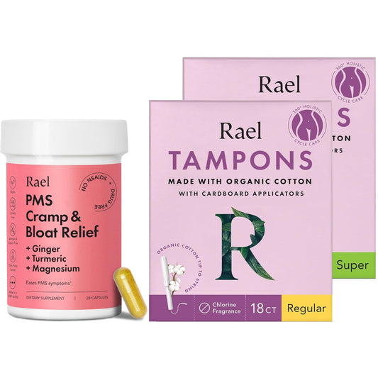 Rael Bundle - Cardboard Applicator Tampons Made with Organic Cotton, Multipack (Regular & Super, 36 Count) & PMS Supplement for Women (28 Capsules)