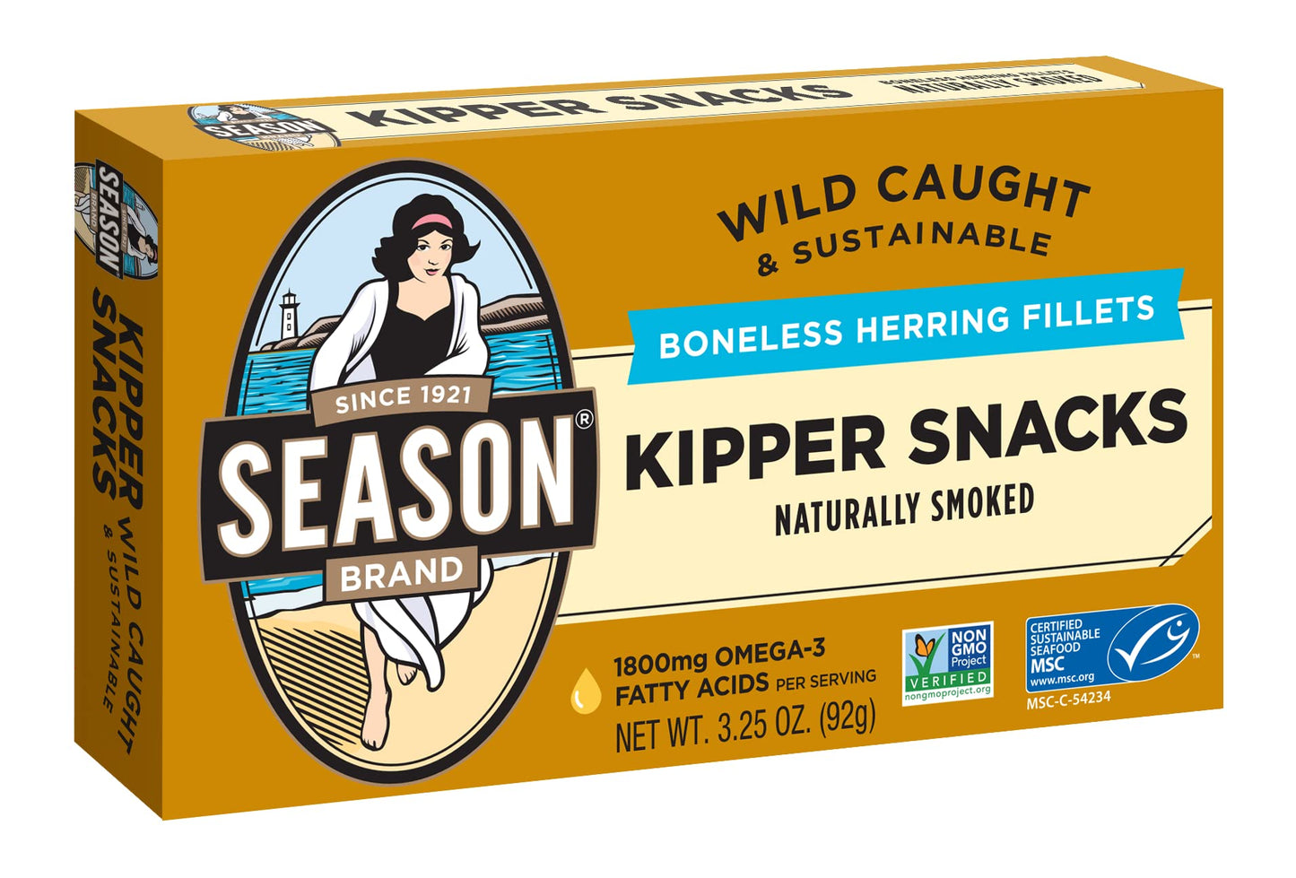 Season Kipper Snacks - Boneless Herring Fillets, Naturally Smoked Fish, Wild Caught, Keto Snacks, Non-GMO, Certified Sustainable Seafood, Non-GMO, 18g of Protein, 1800mg of Omega-3-3.25 Oz, 24-Pack