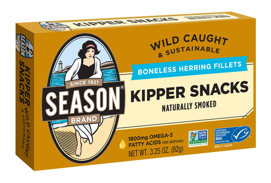 Season Kipper Snacks - Boneless Herring Fillets, Naturally Smoked Fish, Wild Caught, Keto Snacks, Non-GMO, Certified Sustainable Seafood, Non-GMO, 18g of Protein, 1800mg of Omega-3-3.25 Oz, 24-Pack