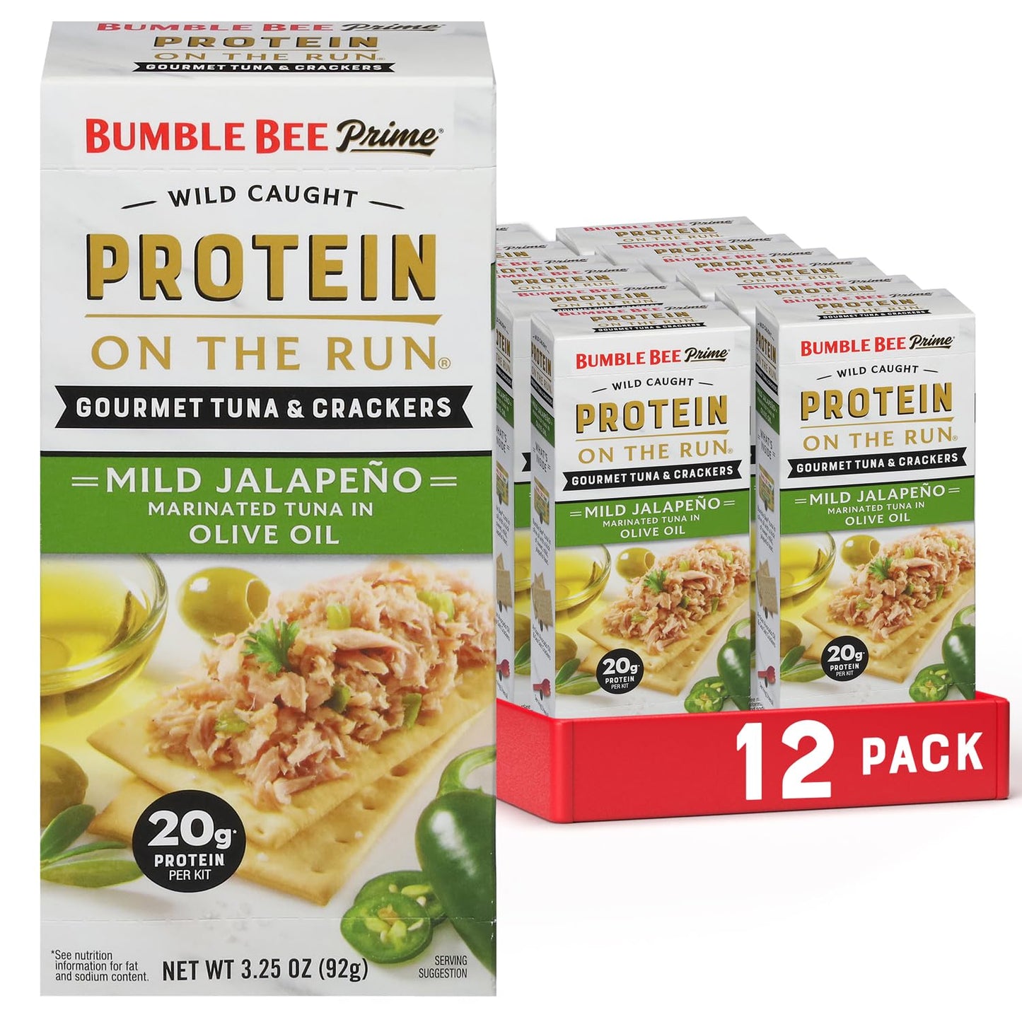 Bumble Bee Prime Protein on the Run Tuna Snack Kit, Pack of 12 - Gourmet Tuna Marinated in Olive Oil & Mild Jalapeno with Crackers and Serving Utensil - 20g of Protein Per Serving, Easy Open Can