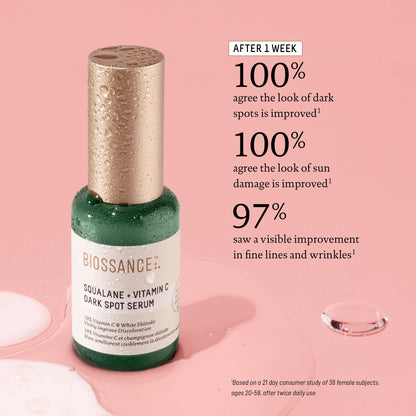 Biossance Squalane + Vitamin C Dark Spot Face Serum – 10% Vitamin C Serum & White Shiitake – Hydrating, Fragrance-Free, Non-Irritating, for Daily Use for All Skin Types