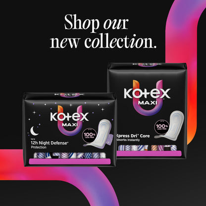 Kotex Overnight Maxi Pads with Wings, Extra Heavy Absorbency, 28 Count (Packaging May Vary)