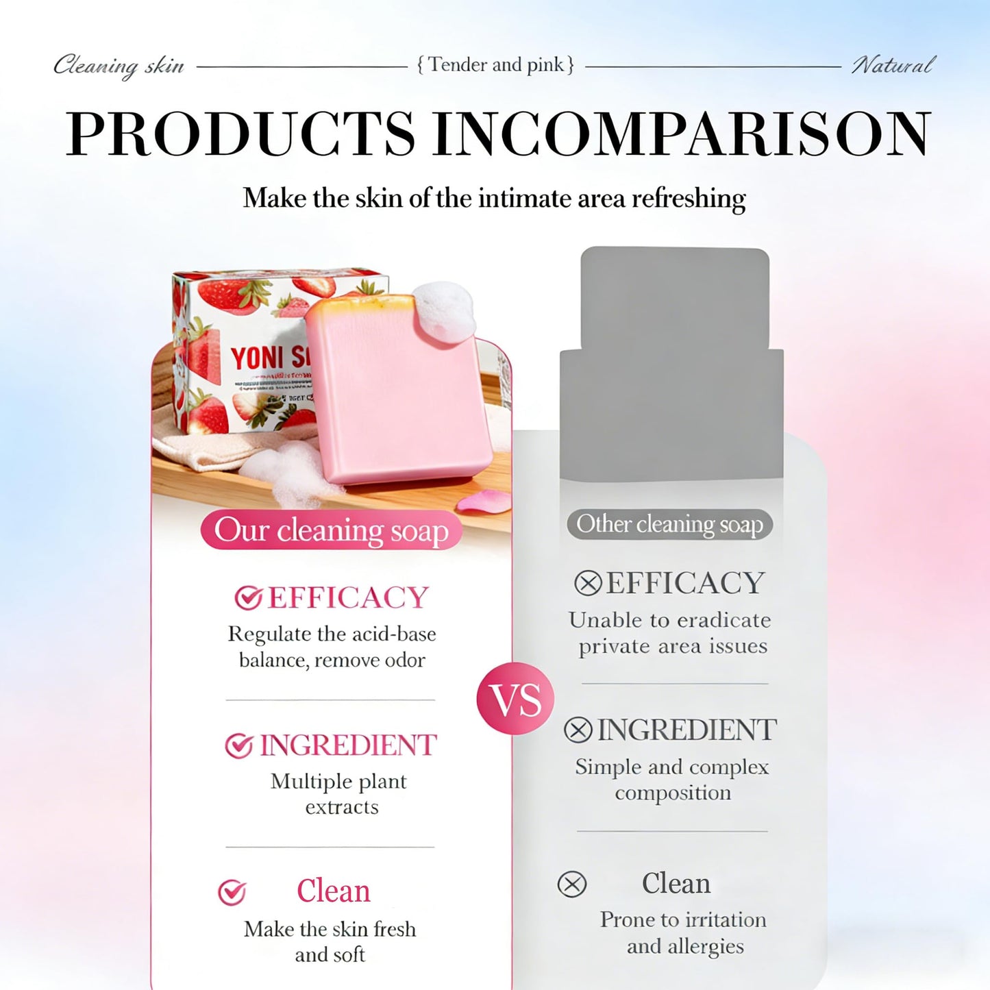 pH Balanced Feminine Soap for Women, Strawberry Odor Control & Hydration, Deep Cleanse, Pure Natural Plant Extracted Essence, Gentle Yet Effective for Daily Intimate Hygiene, Vegan, Pink