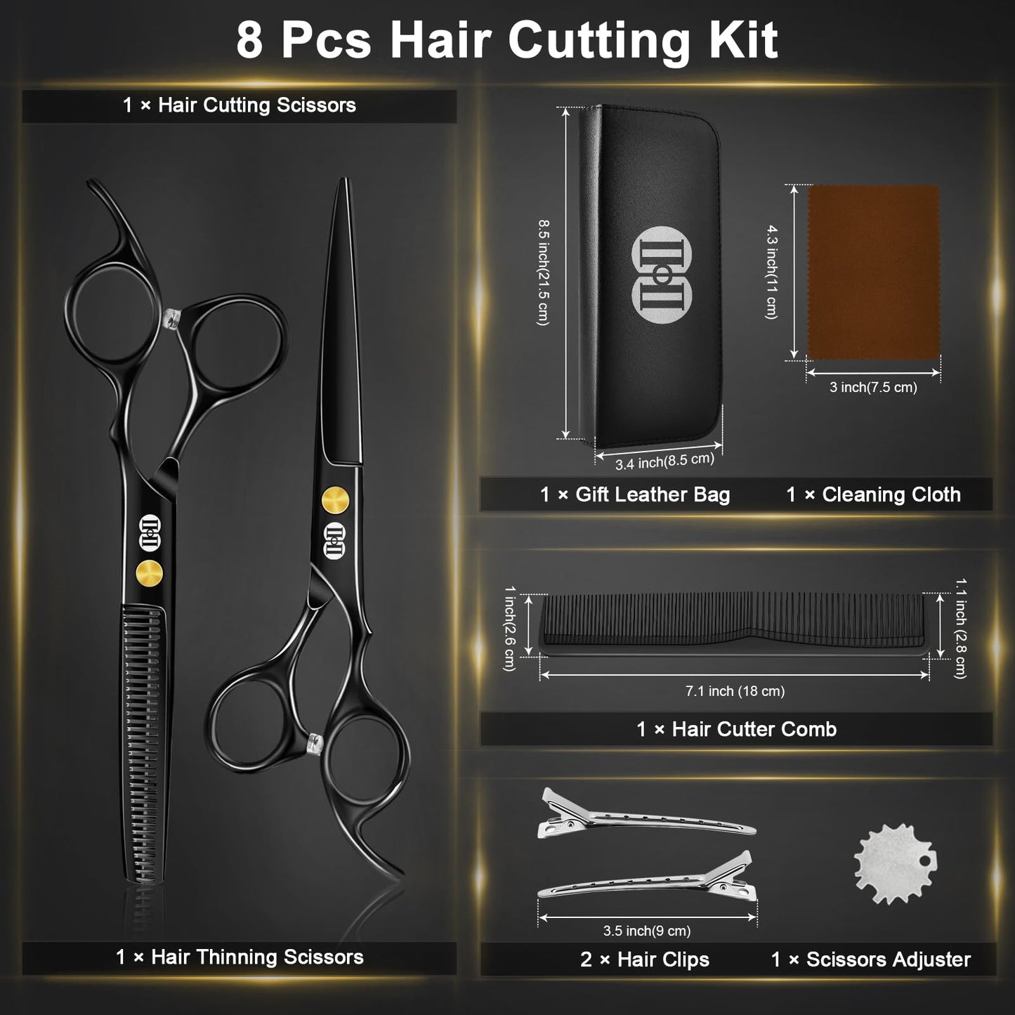 CIICII Hair Cutting Scissors Shears Kit, Professional Barber Haircut Scissors Set (6.7 Inch Hair Beard Hairdressing Trimming Haircutting Thinning Shears) for Men Women Hairdresser Home Salon (Black)