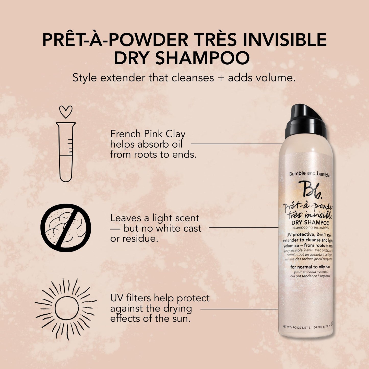 Bumble and bumble. Prêt-à-powder Très Invisible Volumizing Dry Shampoo | Volumizing, Dry-Cleansing, UV Protective + Absorbs Oil | Curly, Wavy, Straight