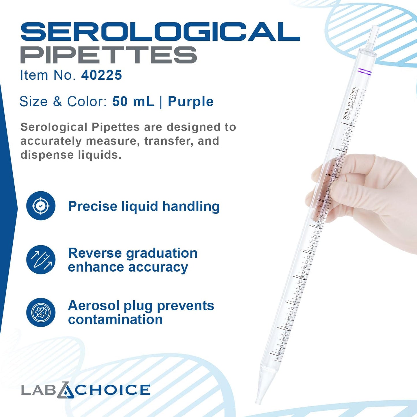 LabChoice Serological Pipettes - 100 Count - Plastic Disposable Sterile Pipettes, Individually Packed Graduated Transfer Pipette for Laboratory Use - 50mL, Purple