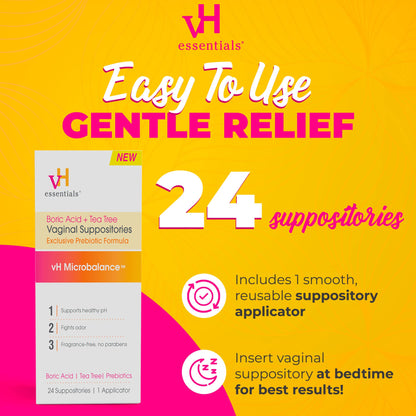 vH Essentials Boric Acid and Tea Tree Vaginal Suppositories - Prebiotics Formula with Lactic Acid - PH Balance, Odor Control, Feminine Care - 24 Suppositories and Applicator, White, 2.4 Ounces