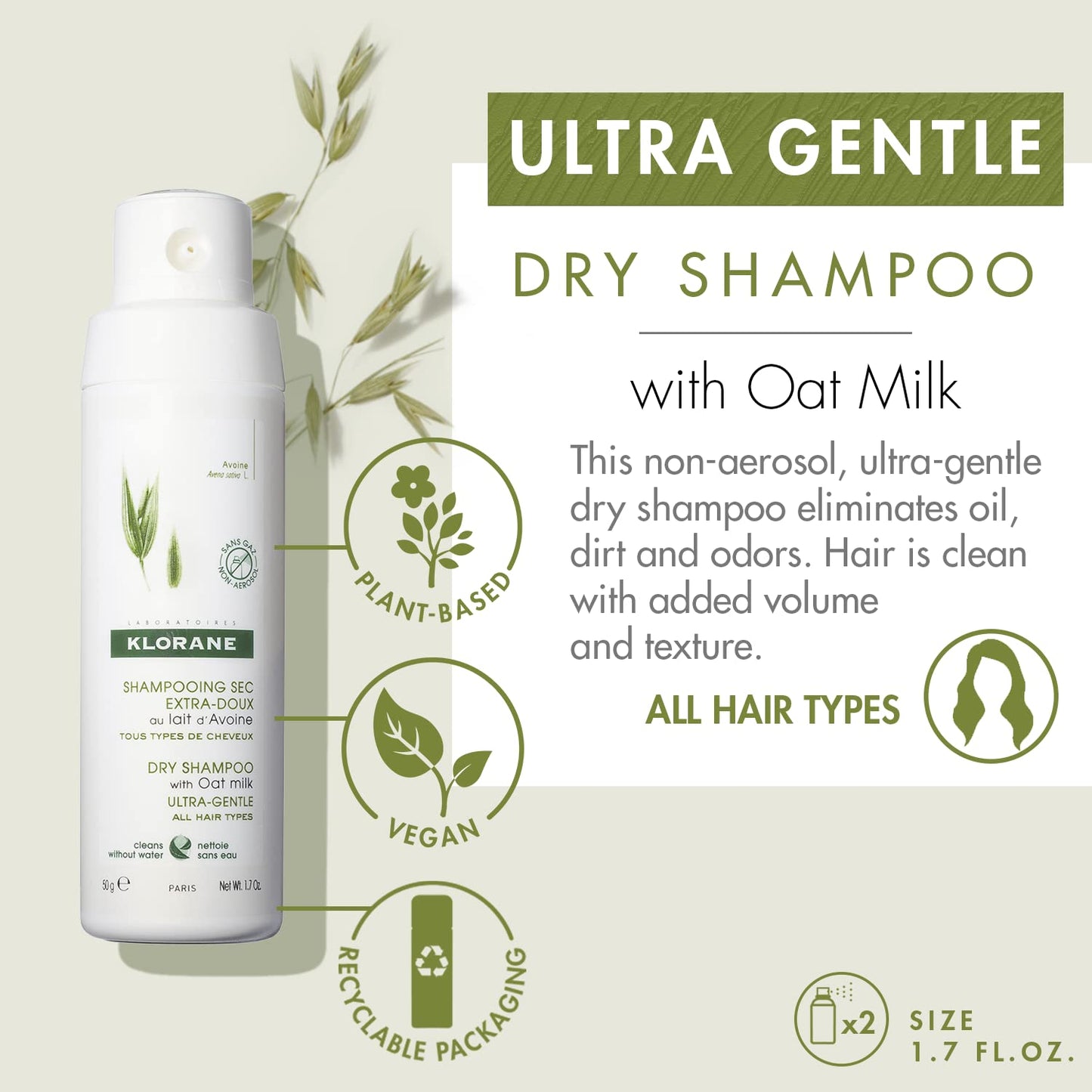 Klorane Ultra Gentle Dry Shampoo with Oat+ - Gentle Formula - Instantly Revives Hair and Eliminates Odor, Dirt, and Oils - Hypoallergenic & Vegan - Paraben & Sulfate-Free
