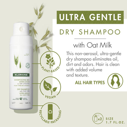 Klorane Ultra Gentle Dry Shampoo with Oat+ - Gentle Formula - Instantly Revives Hair and Eliminates Odor, Dirt, and Oils - Hypoallergenic & Vegan - Paraben & Sulfate-Free