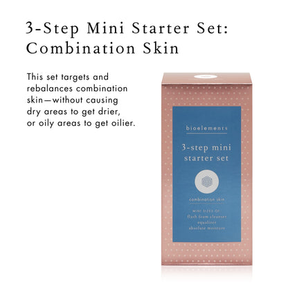 Bioelements 3-Step Mini Starter Set: Combination Skin - Includes Flash Foam Cleanser, Equalizer Toner & Absolute Moisture Moisturizer - Vegan, Gluten Free - Never Tested on Animals