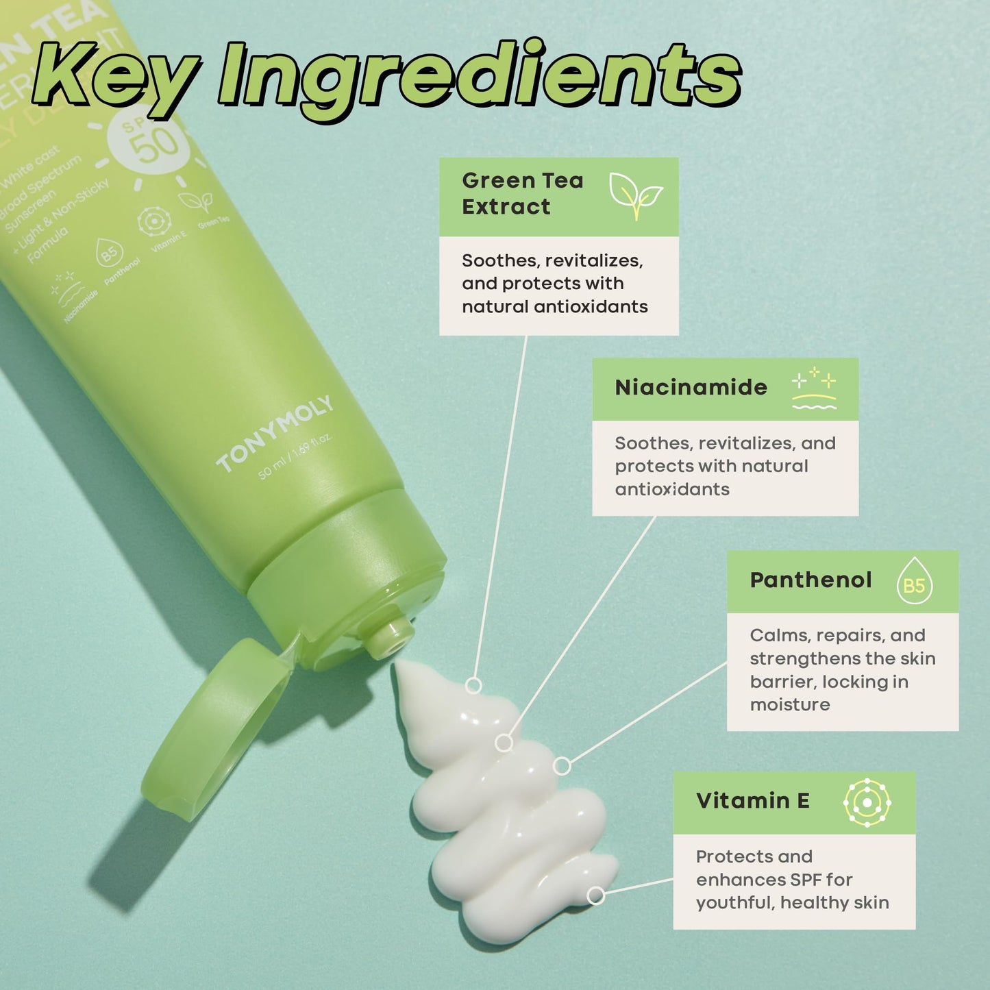 TONYMOLY Green Tea Korean Sunscreen SPF 50 – Non-Greasy Broad Spectrum Face Sunscreen with Niacinamide, Panthenol & Hyaluronic Acid, Travel Size 50ml