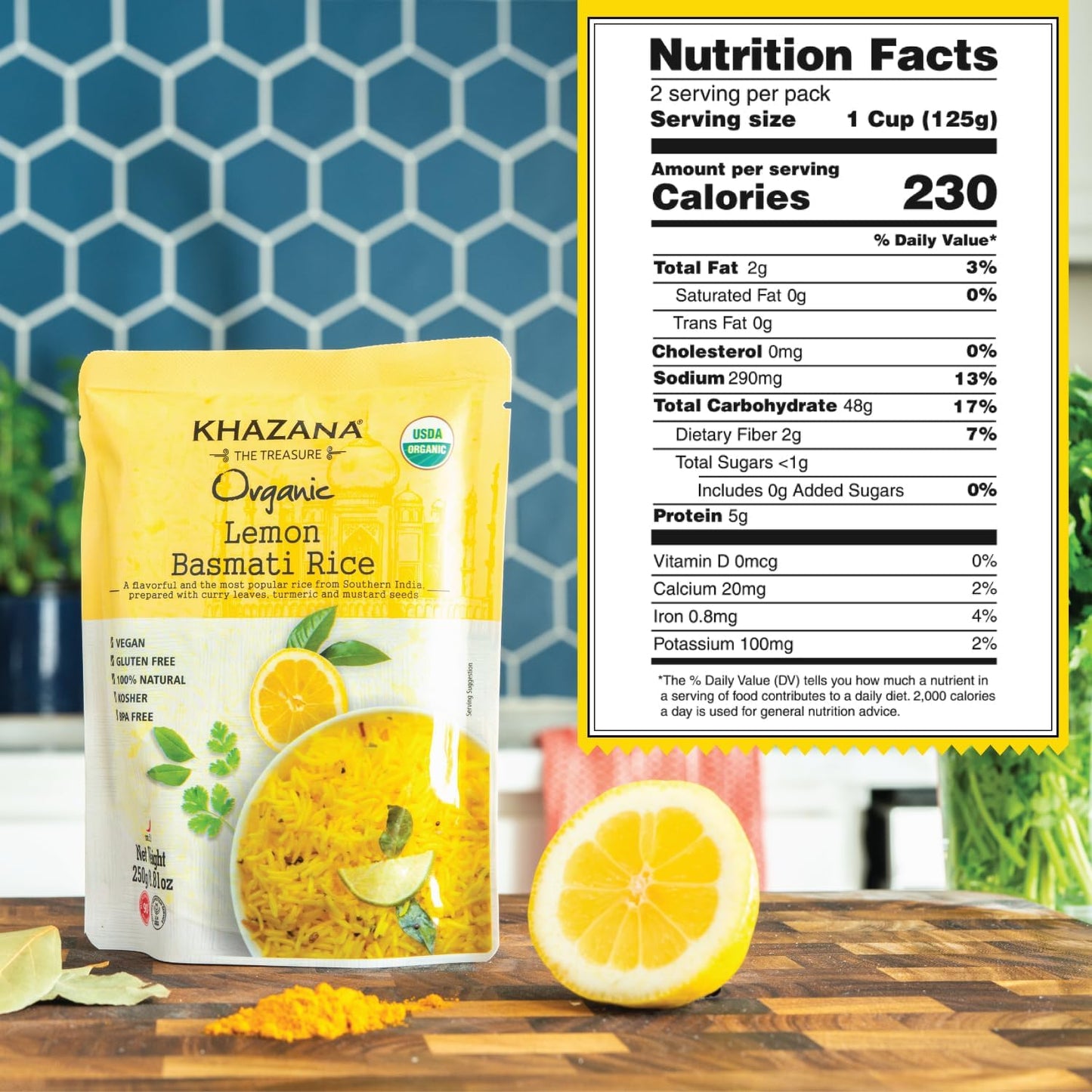 Khazana Authentic Lemon Ready To Heat Basmati Rice (Pack of 6, 8.8oz) | Non-GMO, Vegan, Gluten Free & Kosher | Aromatic & Flavorful Organic Grain From India | Microwavable Instant Rice in 90 Seconds!