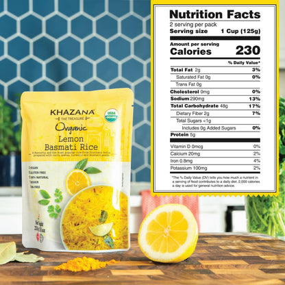 Khazana Authentic Lemon Ready To Heat Basmati Rice (Pack of 6, 8.8oz) | Non-GMO, Vegan, Gluten Free & Kosher | Aromatic & Flavorful Organic Grain From India | Microwavable Instant Rice in 90 Seconds!