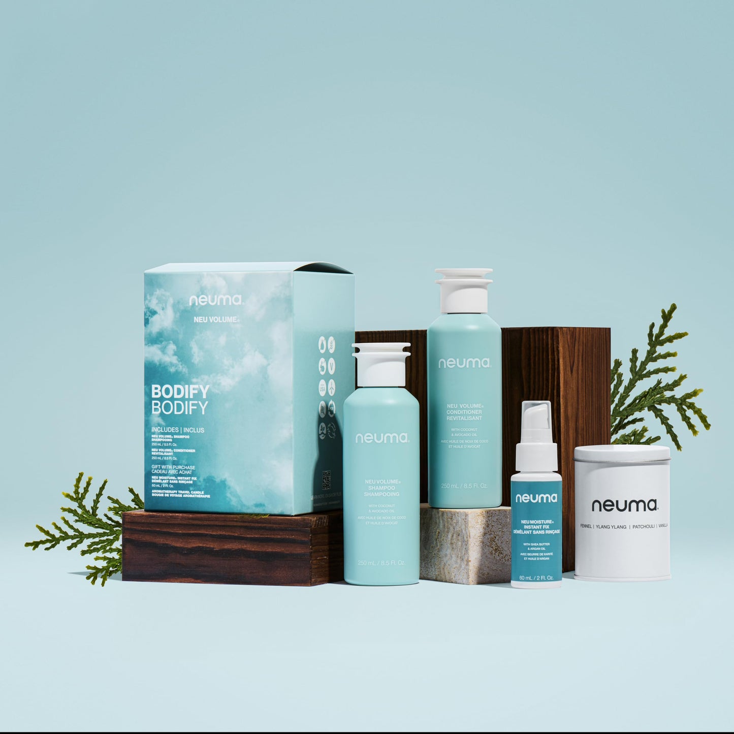 NEUMA Glow Strong. Glow Bright. Bodify Gift Set. Neu Volume 8.5 Fl Oz. Shampoo and Conditioner + Neu Moisture 2 Fl. Oz. Instant Fix + Aroma Therapy Travel Candle