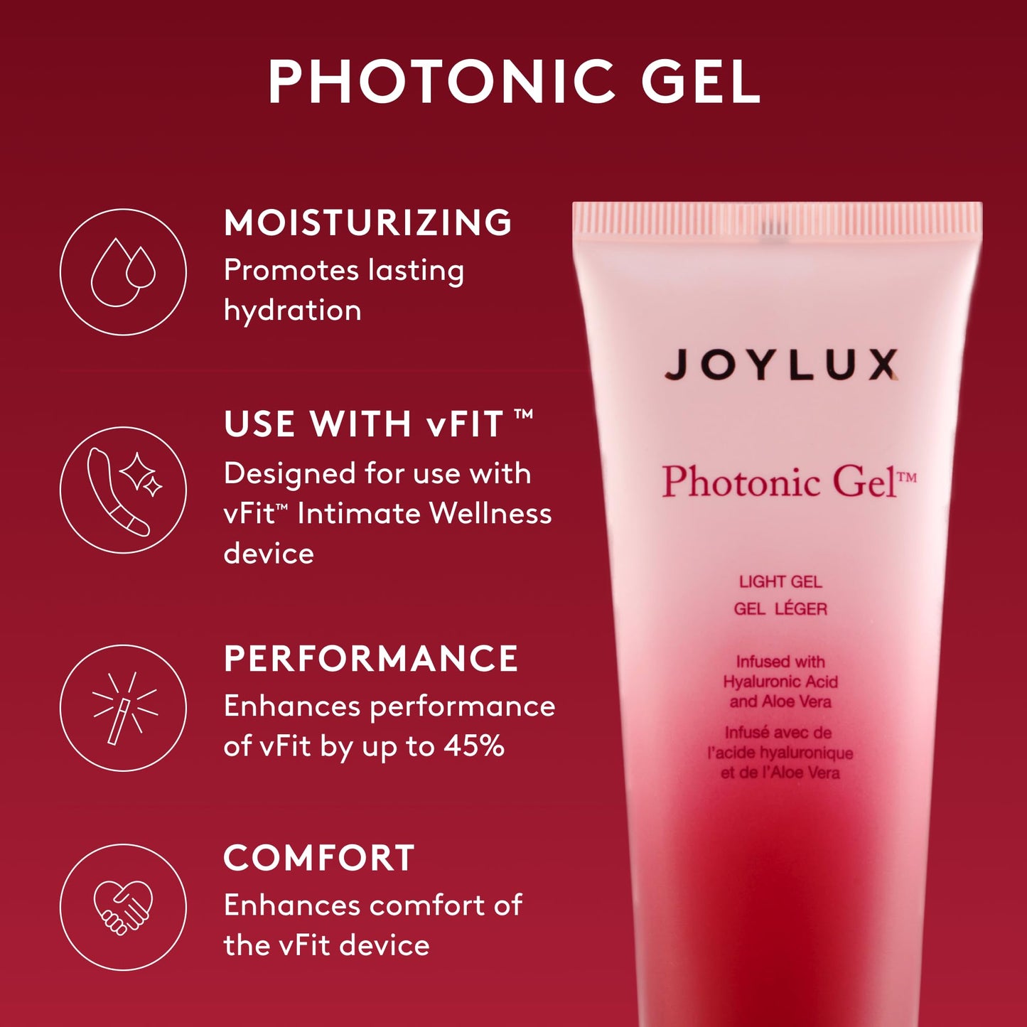 Joylux - Photonic Gel, for Use with vFit Red Light Feminine Health Device, Contains Aloe Vera & Hyaluronic Acid for Added Moisture, Gently Formulated with Light-Enhancing Ingredients (75mL)