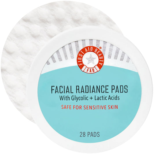 First Aid Beauty - Facial Radiance Pads with Glycolic & Lactic Acids, Daily Exfoliating Pads with AHA, Visibly Smaller Pores, Help Tone & Brighten Skin, One-Step Makeup Prep, Compostable, 28