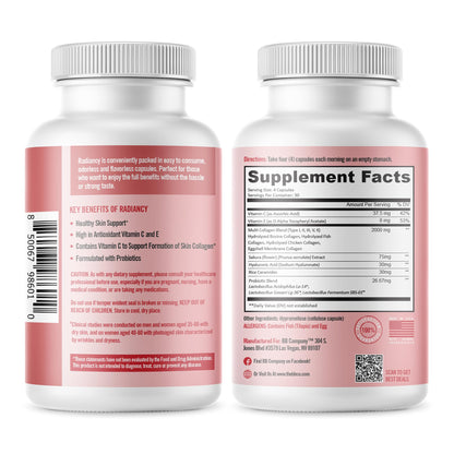 BB Company Radiancy | Vaginal Probiotics for Vaginal Dryness, pH Balance | Fights Itch, Odor | Anti-Aging | Hyaluronic Acid, Probiotics, Vitamin C, Multi Collagen | 120 Ct