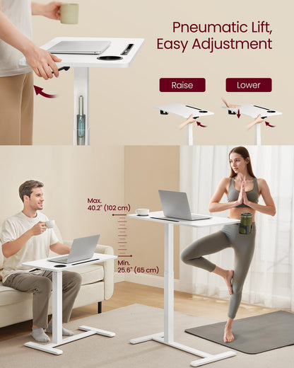 VASAGLE Overbed Table with Wheels, Mobile Standing Computer Desk, 27.6 x 15.7 Inches Tabletop, Adjustable Height, 2 Cup Holders, Phone and Tablet Slot, Cloud White ULSD600W01