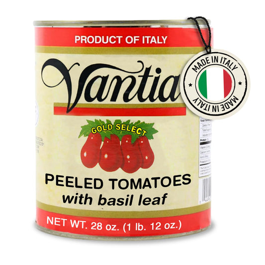 Vantia Peeled Italian Tomatoes with Basil 28 oz Can – Imported Italian Whole Tomatoes in Rich Juice with Basil, Ideal for Pasta Sauce, Pizza, Soups & Authentic Italian Cooking