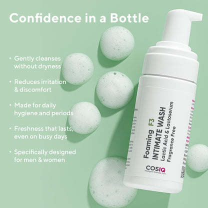 COS-IQ Foaming F3 Intimate Wash, 100ml | Fragrance-Free Hygiene Wash with Lactic Acid & Lactoserum | Prevents Itching, Irritation & Dryness | Soothes Intimate Skin | Suitable for All Skin Type