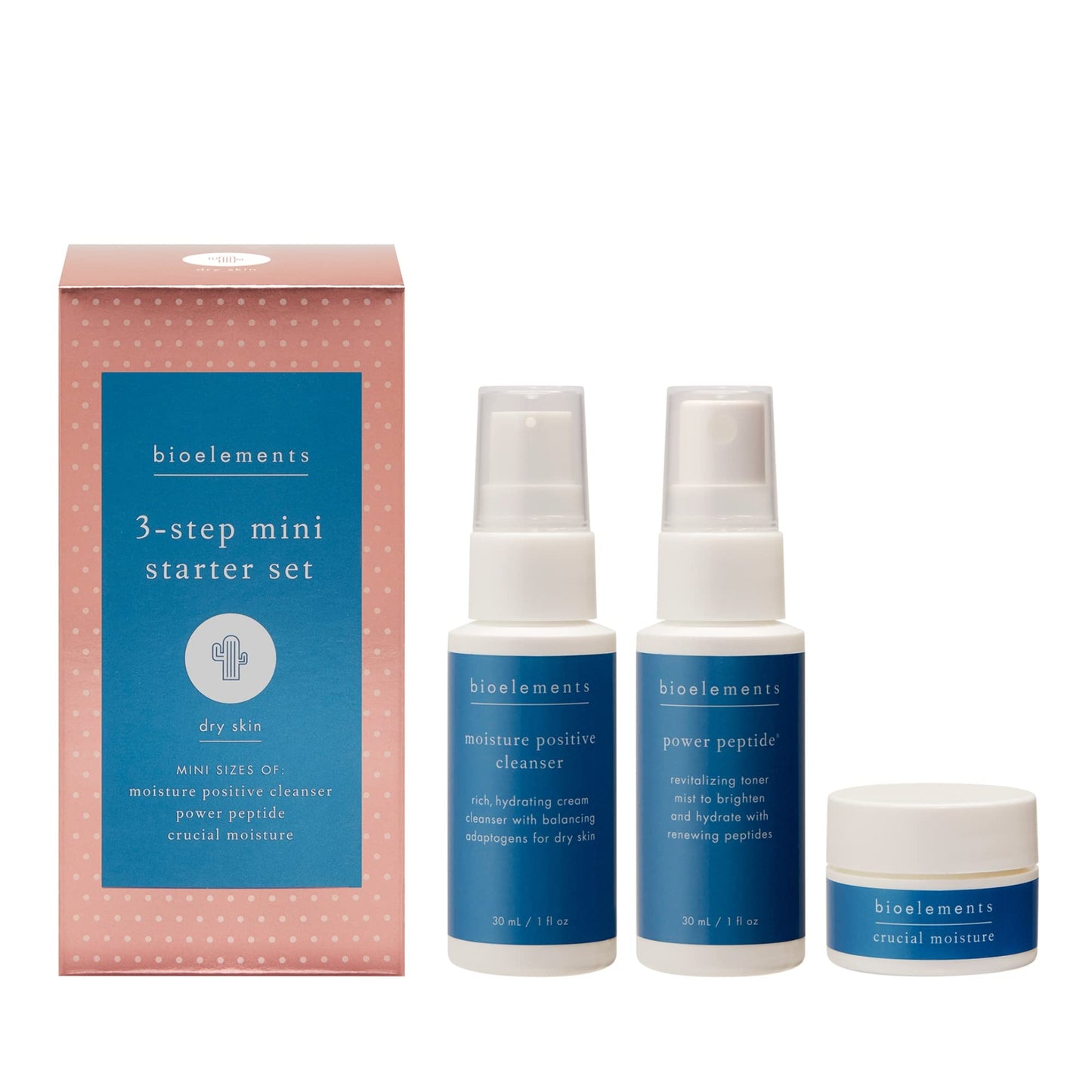 Bioelements 3-Step Mini Starter Set: Dry Skin - Includes Moisture Positive Cleanser, Power Peptide Toner & Crucial Moisture Moisturizer - Vegan, Gluten Free - Never Tested on Animals