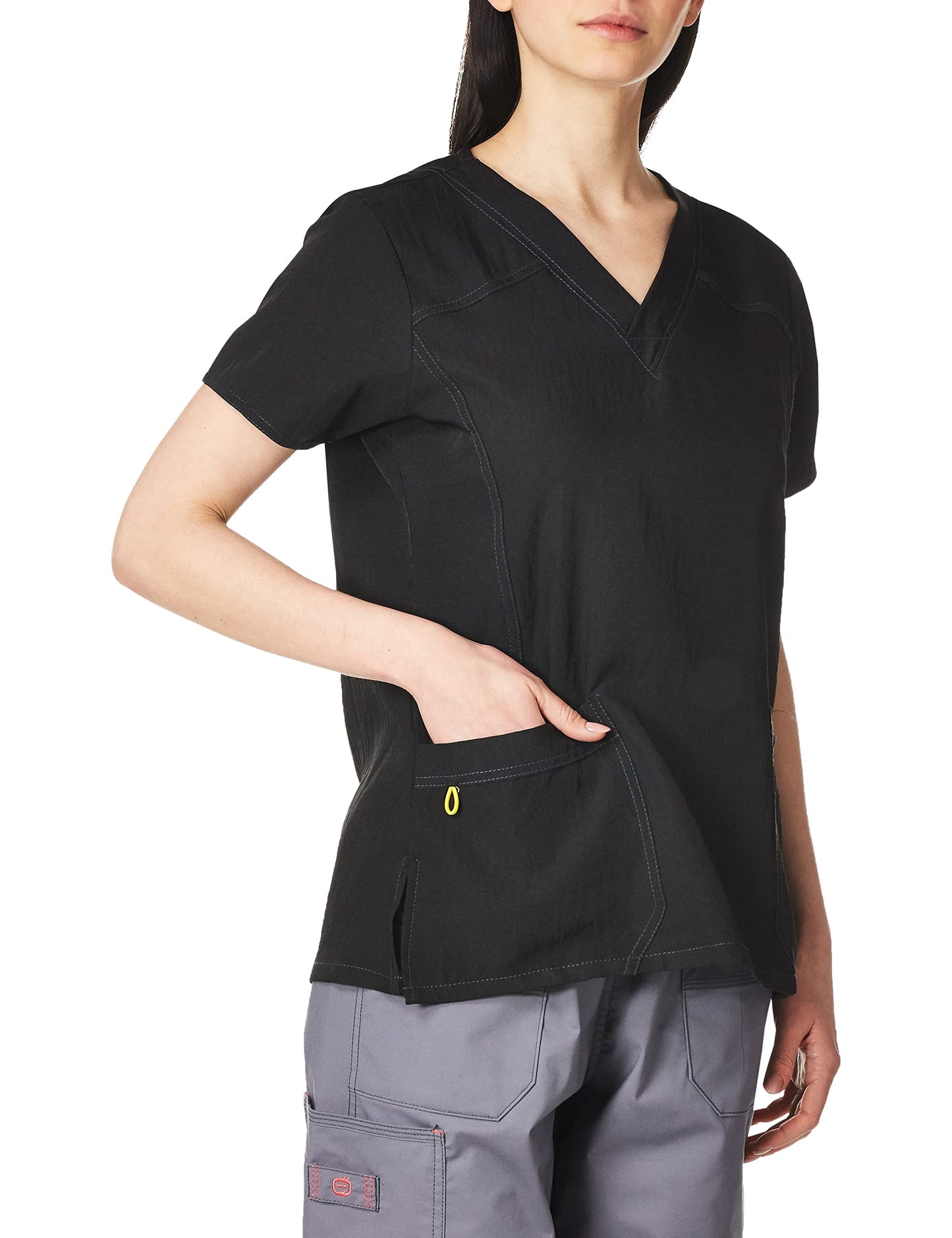 WonderWink Women's Scrubs Four Way Stretch Sporty V-Neck Top, Black, Medium