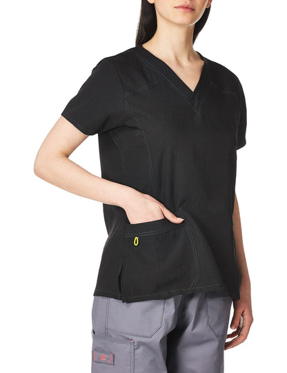 WonderWink Women's Scrubs Four Way Stretch Sporty V-Neck Top, Black, Medium