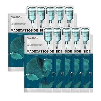 Mediheal Essential Face Mask Blemish Repair 10 pcs. with 98% Purity Madecassoside & Hyaluronic Acid - Soothing Care, Hydrating- Travel Essentials, Vegan Formula Korean Sheet Mask