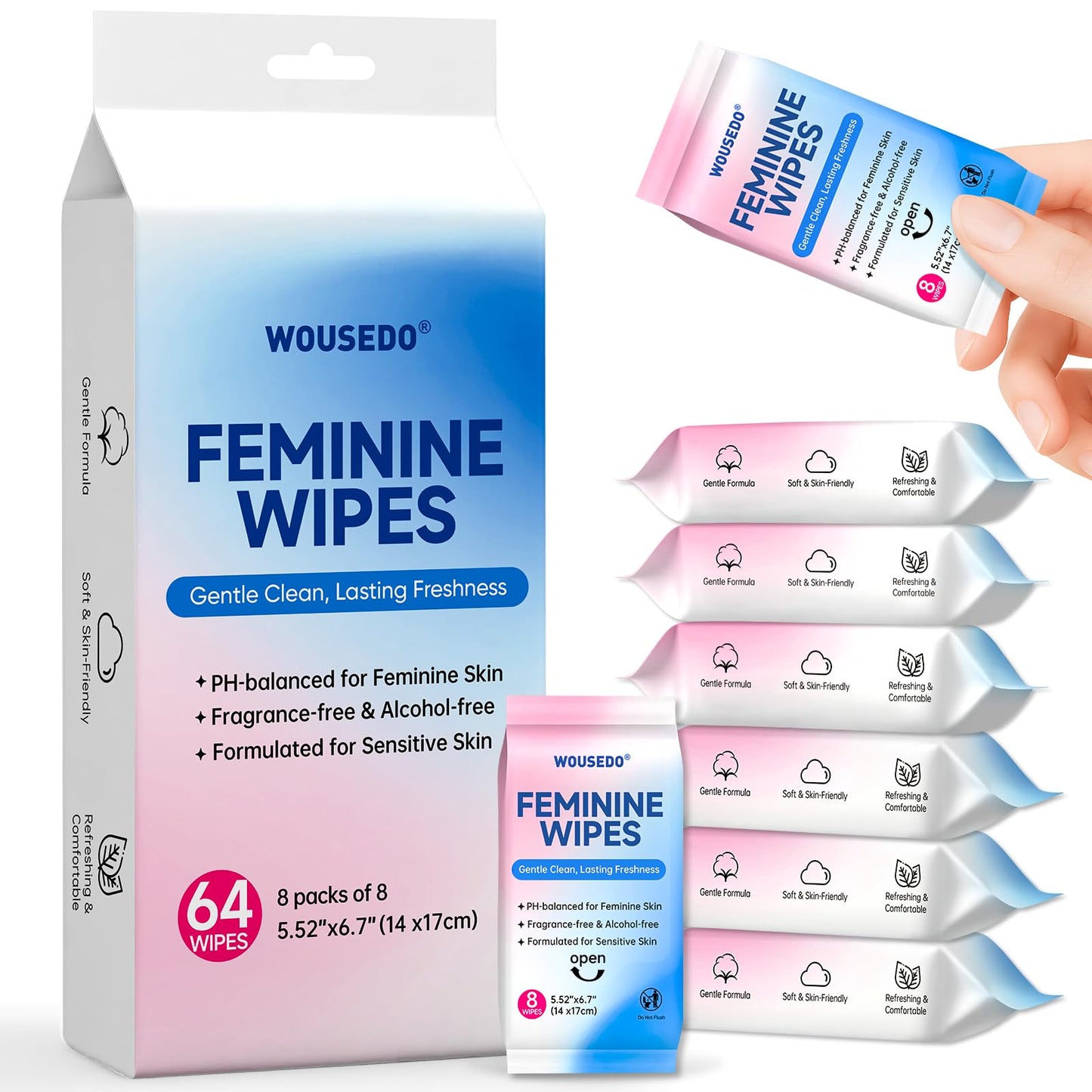 Feminine Hygiene Wipes for Women, pH Balanced & Hypoallergenic Intimate Wipes, Alcohol-Free, Gentle Female Personal Wipes, Convenient Mini Packs for Daily Use & On-The-Go，64 Wipes (Pack of 8)