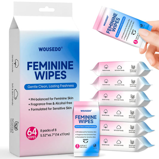 Feminine Hygiene Wipes for Women, pH Balanced & Hypoallergenic Intimate Wipes, Alcohol-Free, Gentle Female Personal Wipes, Convenient Mini Packs for Daily Use & On-The-Go，64 Wipes (Pack of 8)