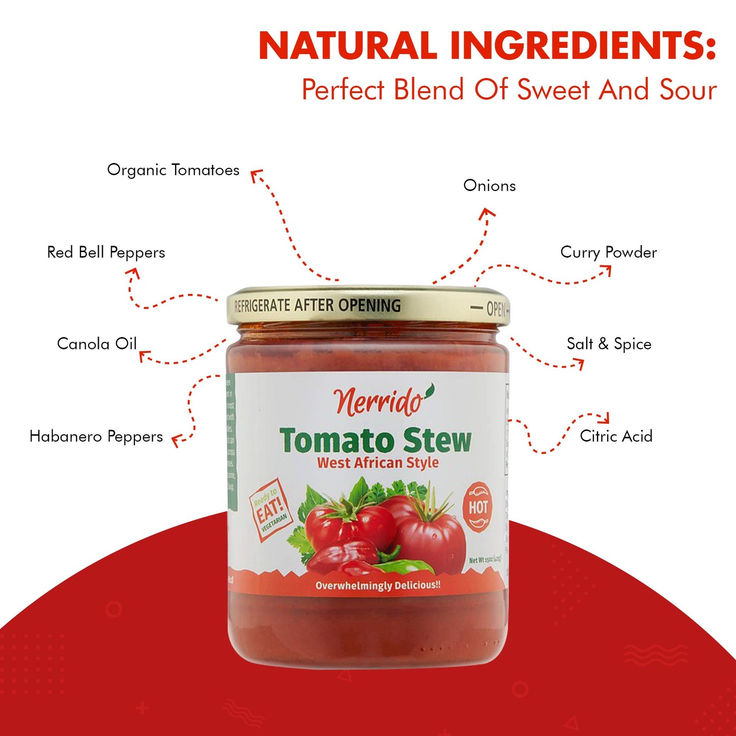 Nerrido Canned Tomato Stew & Jollof Rice Red Sauce, African Style Hot Pasta Sauce with Vegetables and Spices 16oz (454g) (Hot, 1 Pack)