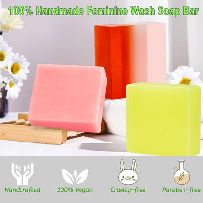 3 Pack Organic Handmade Yoni Soap Bars For Women Ph Balance, Feminine Vaginal Wash V Cleansing Bar Soap for Women, All Natural Soap Bar with Bubble Foam Net, Yoni Wash Away Odor (P+P+S)