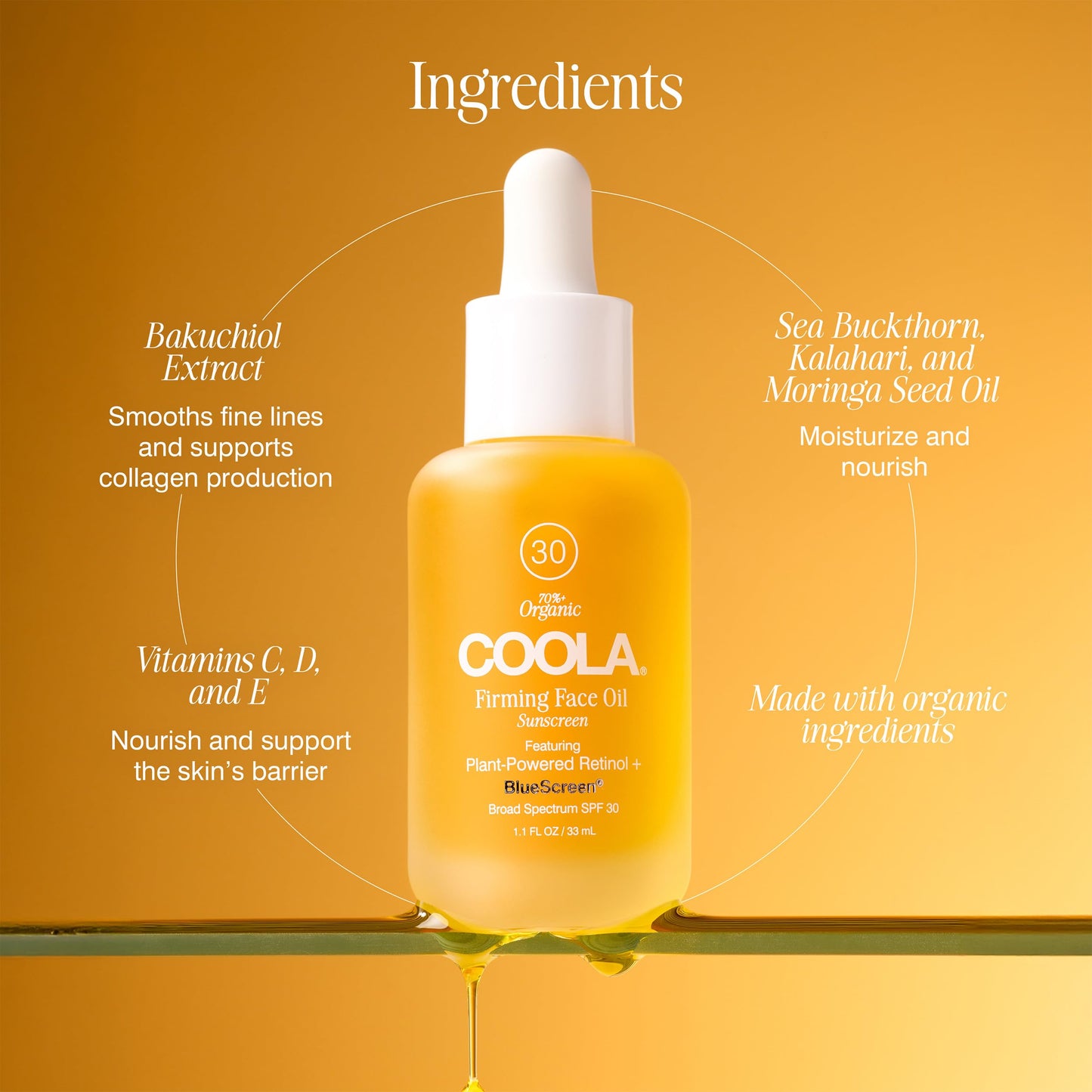 COOLA Firming Face Oil, SPF 30, Organic Lightweight Hydrating Sunscreen Oil with Bakuchiol, Vitamins C, D, E, Sea Buckthorn & Moringa Oils, Firms & Smooths Skin, 1.1 Oz