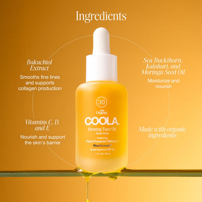 COOLA Firming Face Oil, SPF 30, Organic Lightweight Hydrating Sunscreen Oil with Bakuchiol, Vitamins C, D, E, Sea Buckthorn & Moringa Oils, Firms & Smooths Skin, 1.1 Oz